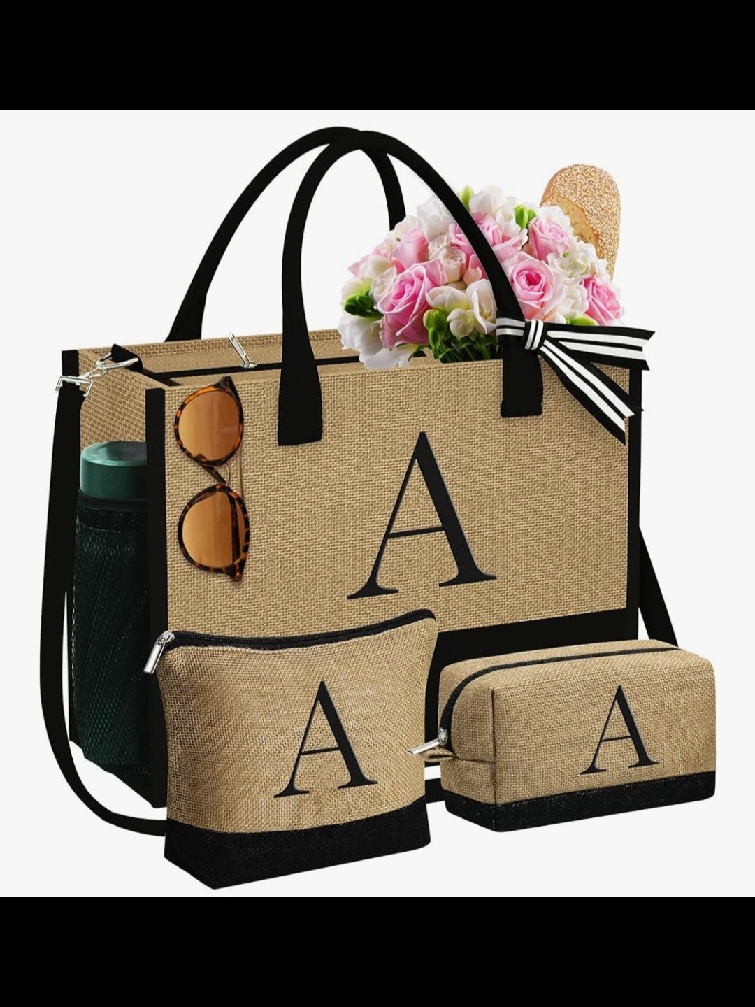 Monogram Letter "A" Natural Beige Canvas Tote Set With Black Trim